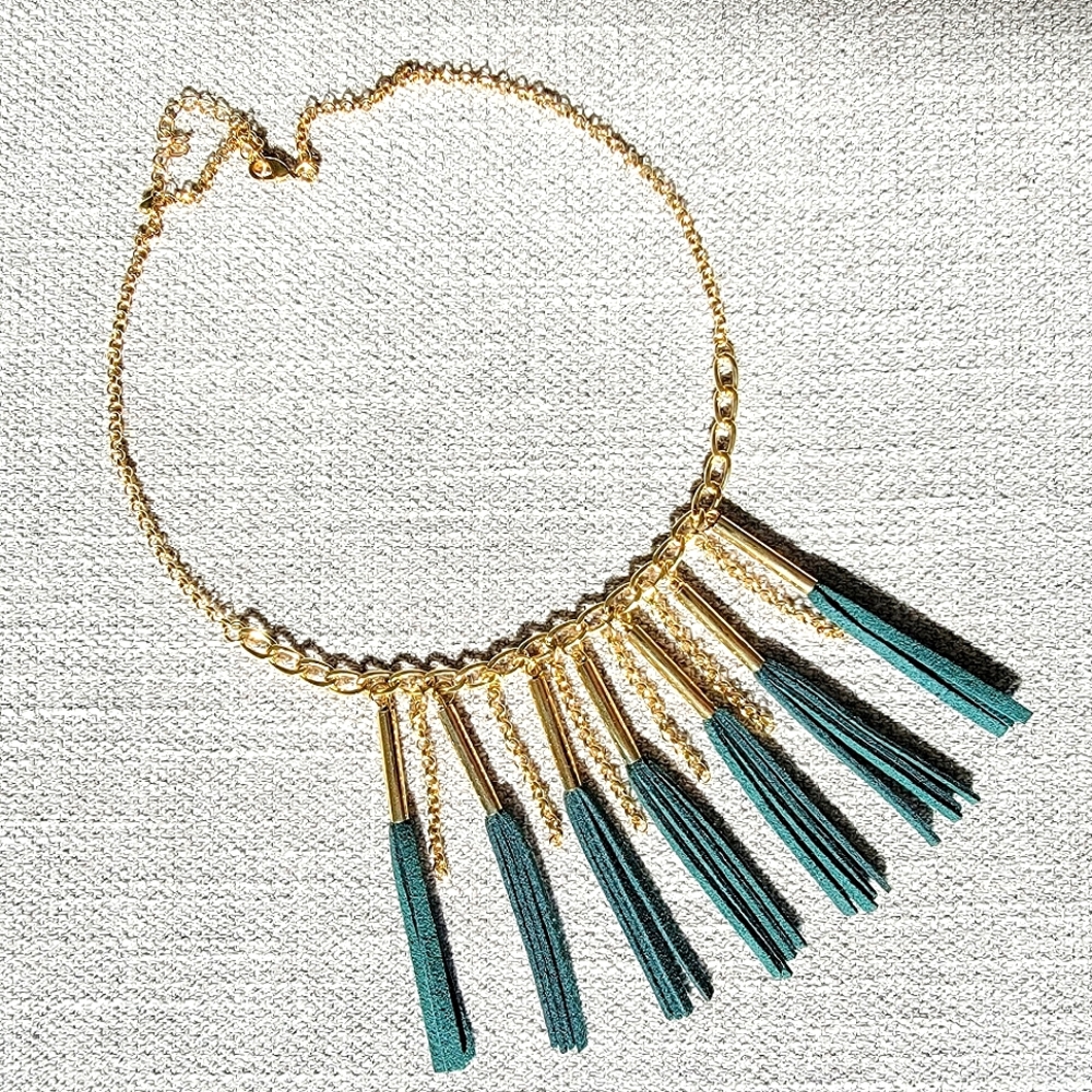 NWOT Statement chain necklace with leather fringes